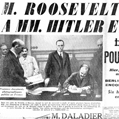 Signature du pacte germano-soviétique : Molotov signant. A gauche, von Ribbentrop et Staline (24 août). Les propositions de Roosevelt pour éviter la guerre. Une de Paris-Soir du 26 août 1939. © crédits photos Roger-Viollet